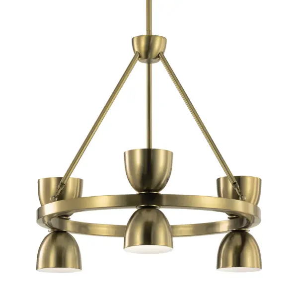 The Baland Chandelier combines contemporary hourglass-shaped metal shades with warm brushed brass finish. Its 6-light integrated LED design delivers energy-efficient illumination with dimmable functionality, perfect for modern dining spaces.