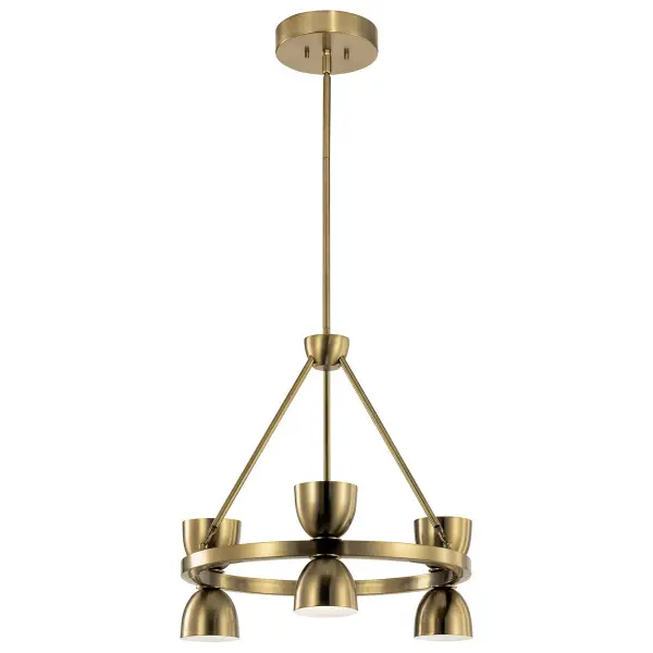 The Baland Chandelier combines contemporary hourglass-shaped metal shades with warm brushed brass finish. Its 6-light integrated LED design delivers energy-efficient illumination with dimmable functionality, perfect for modern dining spaces. - alternate view