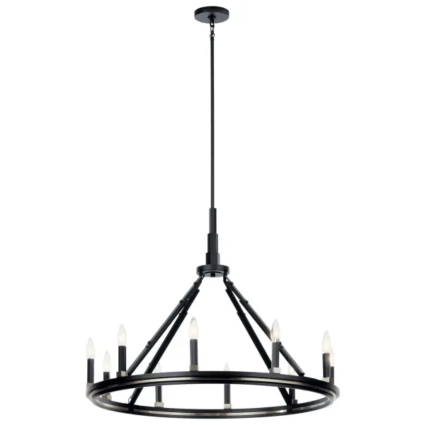 The Emmala chandelier commands attention with its distinctive Art Deco stacked column design and sophisticated two-tone finish. Ten candle-style lights on Brushed Nickel rings create dramatic illumination, while Black accents add depth and modern edge. A bold choice for those seeking architectural presence with timeless appeal.