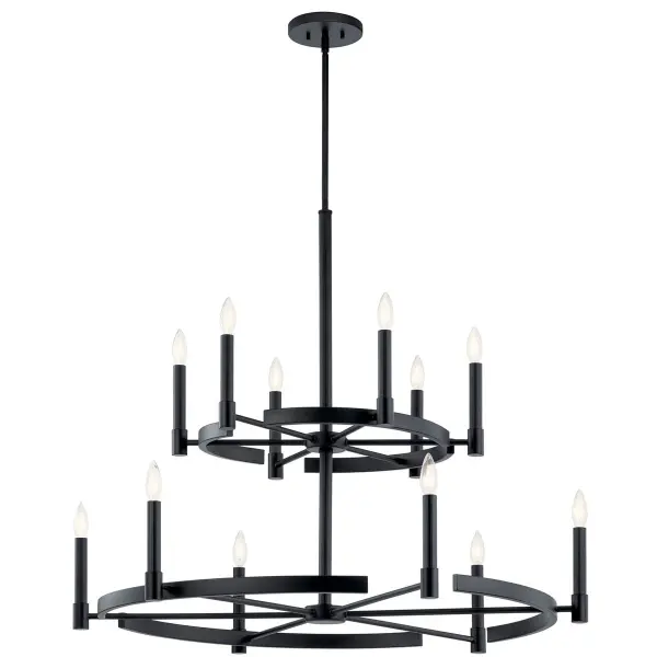 The Tolani brings modern sophistication to the classic wagon wheel chandelier with its ribbed center column and double-tiered design. At 40 inches wide, it commands attention while the matte black finish keeps the look refined and contemporary.