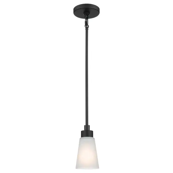 The Erma mini pendant delivers understated modern style in a compact 4-inch profile. Its black steel frame and clear satin etched glass shade create soft, diffused light ideal for task areas and intimate spaces.
