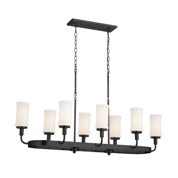 The Vetivene brings dramatic scale and contemporary style to dining and kitchen spaces. Eight opal glass shades soften the textured black steel frame, creating a balanced mix of industrial edge and warm ambiance.