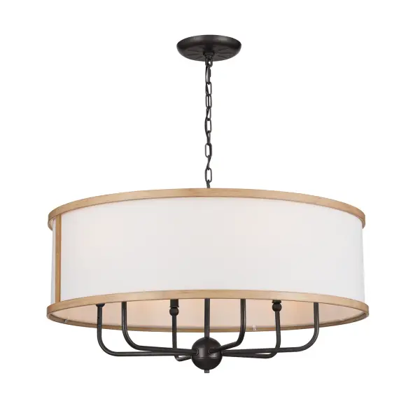 The Heddle chandelier brings industrial elegance to modern spaces with its clean linear form and dark anvil iron finish. Six candelabra bulbs provide ample illumination while the steel construction ensures durability.