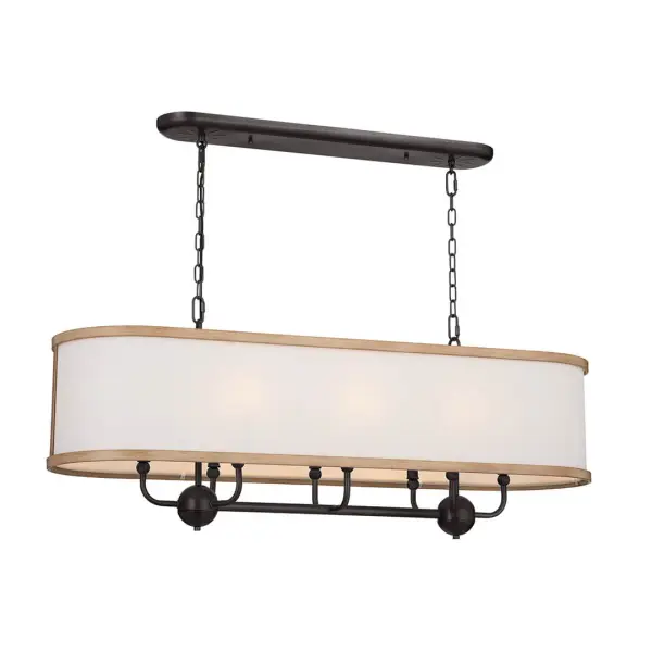 The Heddle Linear Chandelier combines industrial-inspired Anvil Iron finish with soft fabric drum shades, creating a perfect balance of rustic charm and refined sophistication for dining spaces and kitchen islands. - alternate view