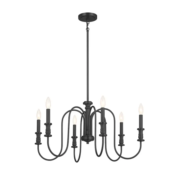 The Karthe Chandelier brings rustic charm with its 6-light design and substantial 28.75-inch diameter. Perfect for creating a focal point in dining rooms or over kitchen islands, this fixture balances farmhouse warmth with industrial strength. - alternate view