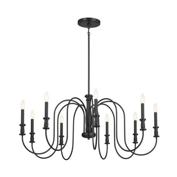 The Karthe chandelier delivers dramatic impact with its expansive 42-inch width and nine candelabra lights. The matte black steel frame creates a striking geometric presence perfect for large dining spaces and open-concept areas.
