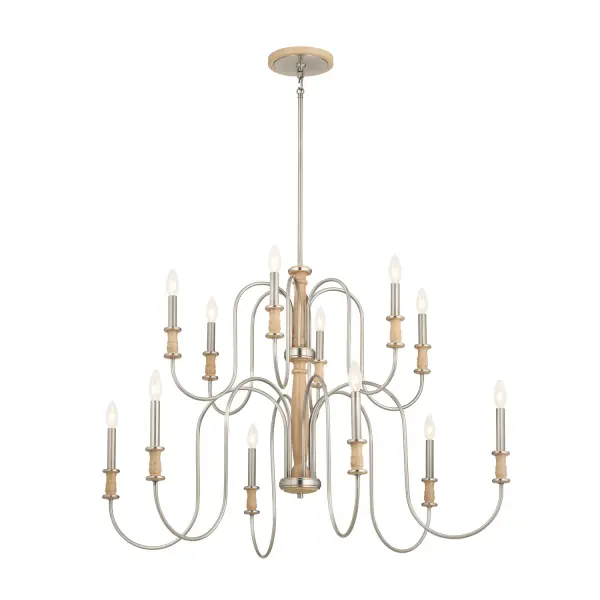 The Karthe chandelier makes a bold statement with its 42-inch width and 12 candelabra lights. The brushed nickel finish offers versatile styling that bridges contemporary and transitional aesthetics, while the steel construction ensures durability.