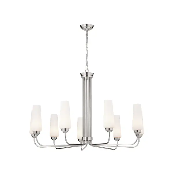 The Truby chandelier delivers impressive scale and refined elegance with its 38-inch width and polished nickel finish. Nine opal glass shades provide abundant, diffused light perfect for large dining spaces and grand entryways.