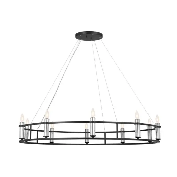 The Rosalind Chandelier makes a bold architectural statement with its impressive 50-inch diameter and 10-light configuration. Its updated traditional design in black finish brings sophisticated drama to grand spaces. - alternate view