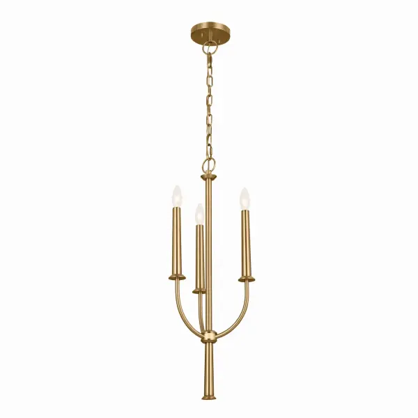 The Florence mini chandelier delivers refined style in a petite 11.25-inch frame. Its brushed natural brass finish and three-light configuration provide warm ambient lighting ideal for smaller dining areas, powder rooms, and entryways.