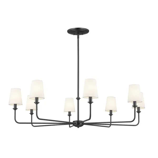 The Pallas chandelier delivers dramatic impact with its 42.75-inch span and eight-light configuration. The matte black finish and exposed bulb design create an industrial-modern aesthetic perfect for contemporary spaces.