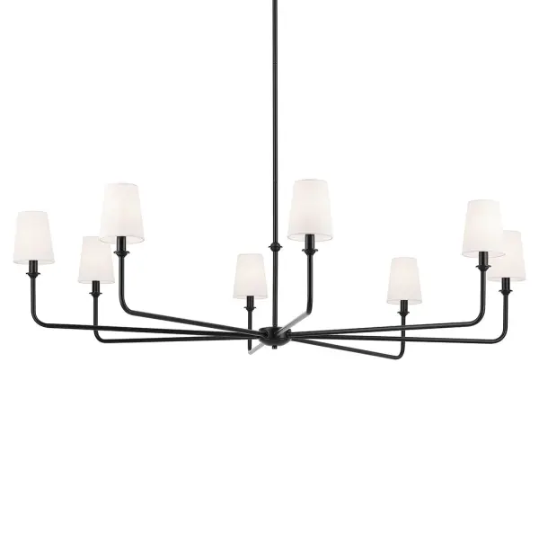 The Pallas Chandelier makes a dramatic impact with its impressive 52-inch diameter and eight fabric tapered shades. Perfect for large dining rooms or grand entryways, this fixture combines contemporary design with transitional appeal.