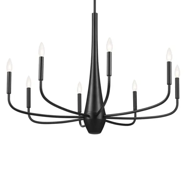 The Deela Chandelier makes a striking architectural statement with its 36-inch diameter and 8-light configuration. The black finish provides bold contrast while the modern geometric design adds contemporary sophistication to large spaces.