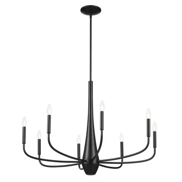 The Deela Chandelier makes a striking architectural statement with its 36-inch diameter and 8-light configuration. The black finish provides bold contrast while the modern geometric design adds contemporary sophistication to large spaces. - alternate view
