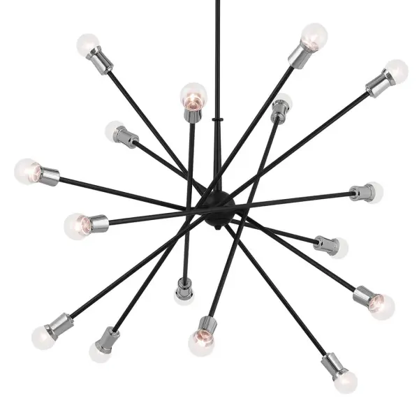 The Armstrong Chandelier commands attention with its impressive 63-inch diameter and 16 dimmable halogen lights. The bold black finish with chrome accents creates a striking contemporary aesthetic perfect for large-scale residential and commercial interiors.