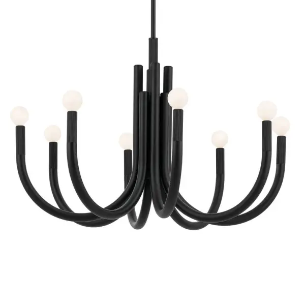 The Odensa Chandelier brings contemporary elegance with its substantial 29-inch diameter and 8-light configuration. The clean black finish and modern silhouette make it a versatile choice for both residential and commercial spaces.