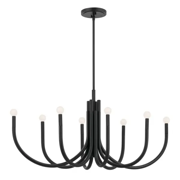 The Odensa brings soft modern sophistication with its elongated oval silhouette and refined black finish. Stacked column details and fluted accents under each bulb create visual interest while maintaining clean lines. Perfect for contemporary dining spaces.