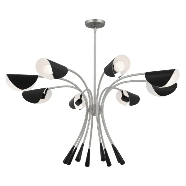 The Arcus 8-Light Chandelier commands attention with its impressive 45.5-inch diameter and distinctive metal shade design. Perfect for grand spaces, this modern fixture combines architectural presence with refined satin nickel finish. - alternate view