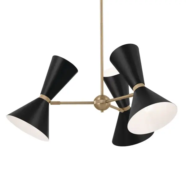 The Phix Chandelier makes a striking statement with six metal cone shades arranged in a contemporary geometric design. The Champagne Bronze and Black finish combination adds sophisticated contrast, while the 30.75-inch diameter provides substantial presence for larger spaces.