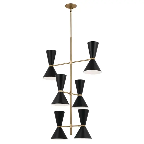 The Phix chandelier offers exceptional flexibility with pivoting black shades that direct light both up and down. Its champagne bronze finish and substantial 32.75-inch length make it ideal for large foyers and dining spaces seeking modern sophistication.