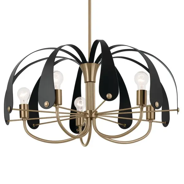 The Petal chandelier brings Art Deco elegance with its ribbed champagne bronze column and leaf-inspired curves. The customizable design includes both black and white straps, allowing you to tailor the look to your space.