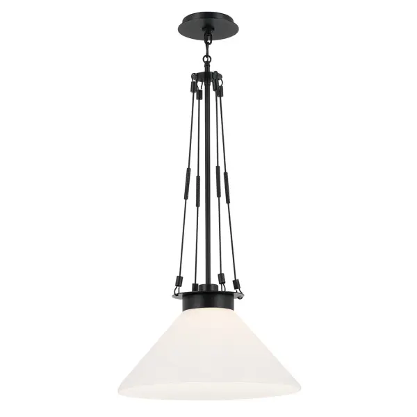 The Albers Pendant combines clean modern lines with classic opal glass for a sophisticated lighting solution. Its 18-inch diameter provides substantial presence while the black finish adds contemporary edge to any space. - alternate view