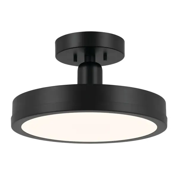 The Riu LED semi-flush mount delivers minimalist modern style with integrated LED technology. Its compact 14.25-inch disc design in matte black provides efficient, maintenance-free illumination perfect for smaller spaces.