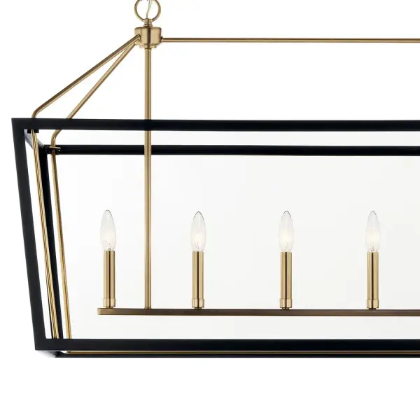 The Delvin Linear Chandelier combines contemporary styling with warm metallic finishes. Its 44-inch linear profile and 6-light configuration make it perfect for dining rooms and kitchen islands, while clear glass shades provide clean, unobstructed illumination. - alternate view
