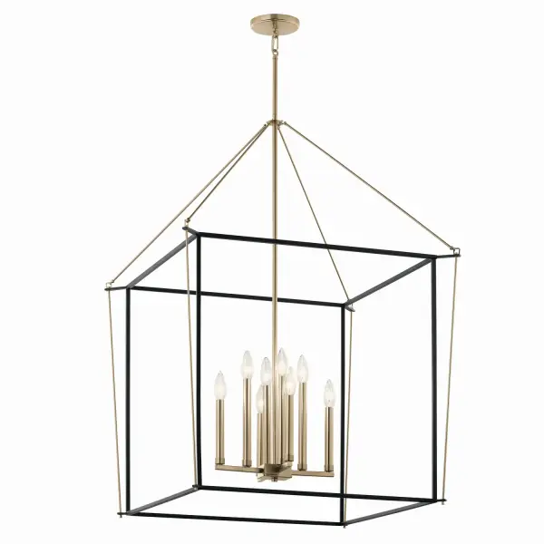 The Eisley foyer pendant makes a striking architectural statement with its open-cage design and mixed metal finishes. The floating illusion created by minimal connection points adds visual intrigue, while eight lights provide ample illumination.
