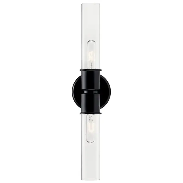 The Aviv Wall Sconce combines modern design with functional versatility, featuring clear glass shades and dimmable 2-light configuration. Its 24-inch height makes it ideal for flanking mirrors or creating dramatic hallway lighting. - alternate view