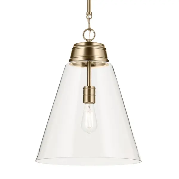 The Marsailli Pendant combines timeless cone-shaped clear glass with a sophisticated Champagne Bronze finish. At 15.75 inches wide, it provides focused task lighting while adding refined style to kitchens, dining areas, and entryways.