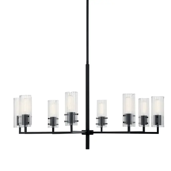The Velestino 8-light chandelier makes a bold architectural statement with its impressive 40-inch diameter and sophisticated fluted glass shades. Perfect for large dining rooms and grand entryways, this fixture combines transitional elegance with contemporary clean lines.