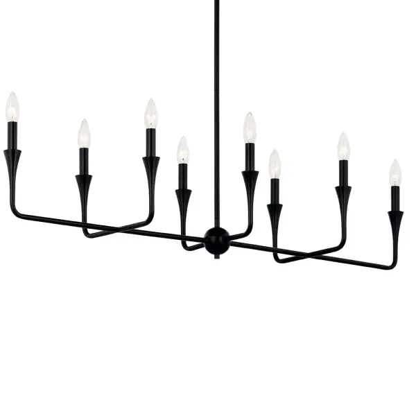 The Alvaro Linear Chandelier brings contemporary elegance with its 45.5-inch span and clean black finish. Eight dimmable lights provide excellent illumination for dining tables and kitchen islands while maintaining a sophisticated profile.