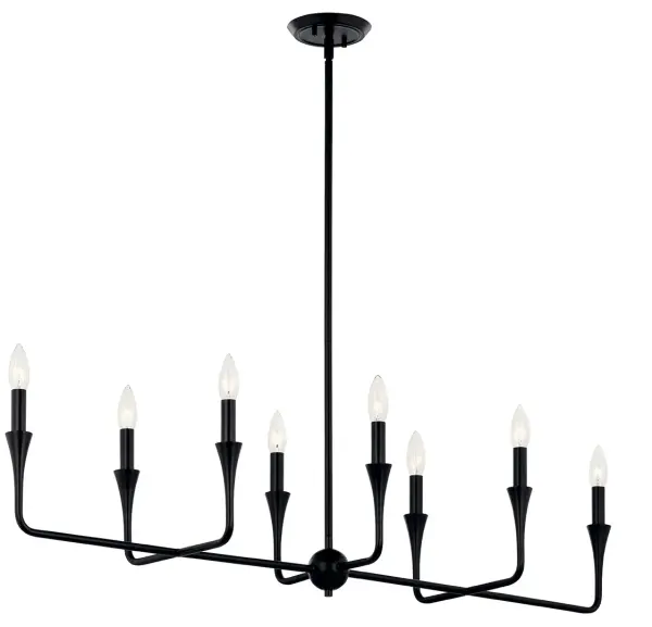The Alvaro Linear Chandelier brings contemporary elegance with its 45.5-inch span and clean black finish. Eight dimmable lights provide excellent illumination for dining tables and kitchen islands while maintaining a sophisticated profile. - alternate view