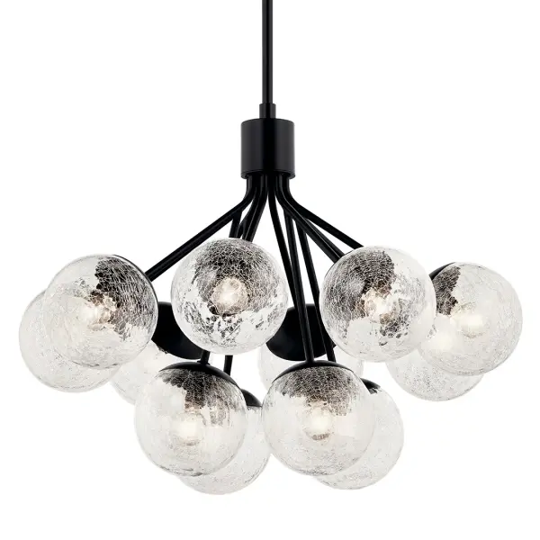 The Silvarious chandelier makes a bold statement with its 30-inch diameter and 12 crackle glass shades. Convertible design offers installation flexibility, while the dimmable feature allows mood customization. Available in four finishes.