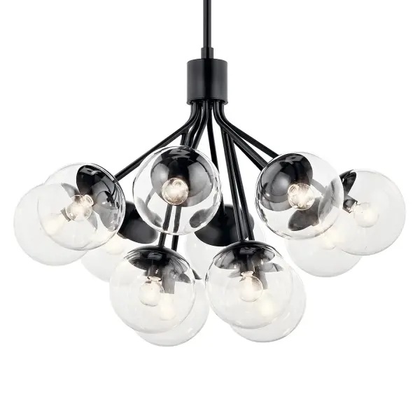 The Silvarious chandelier combines dramatic 30-inch scale with convertible mounting options and clear glass accents. Its 12-light configuration delivers substantial illumination while the black finish adds contemporary sophistication.
