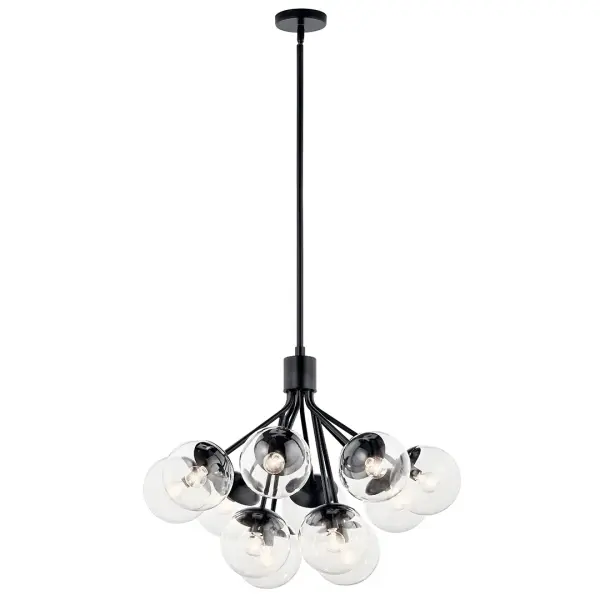 The Silvarious chandelier combines dramatic 30-inch scale with convertible mounting options and clear glass accents. Its 12-light configuration delivers substantial illumination while the black finish adds contemporary sophistication. - alternate view