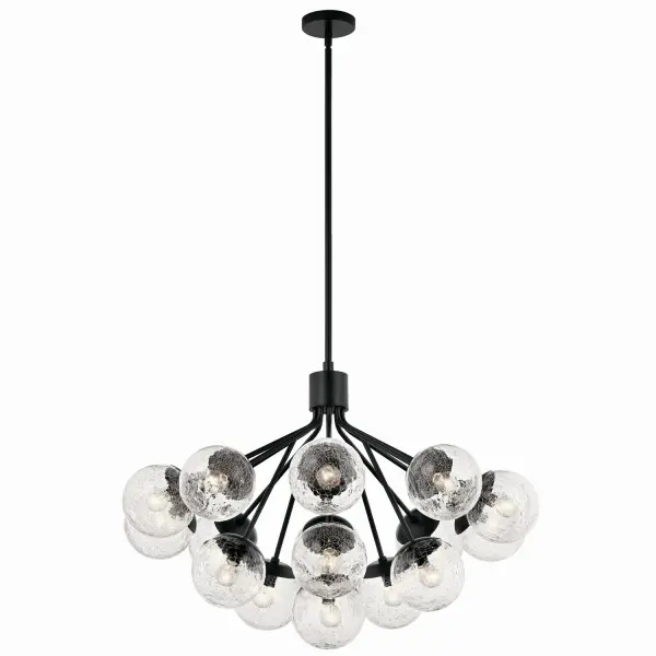The Silvarious chandelier makes a bold statement with 16 sparkling crackled glass globes arranged like frozen grapes on branching arms. Its substantial 38-inch width and convertible design offer versatility for high ceilings or lower installations.