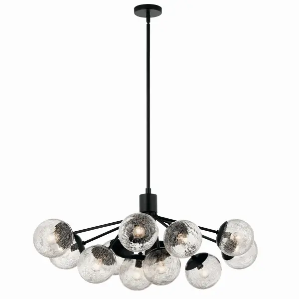 The Silvarious makes a dramatic statement with its nature-inspired design featuring 12 crackled glass globes that branch from a central point like frozen grapes. The convertible mounting offers flexibility for various ceiling heights.
