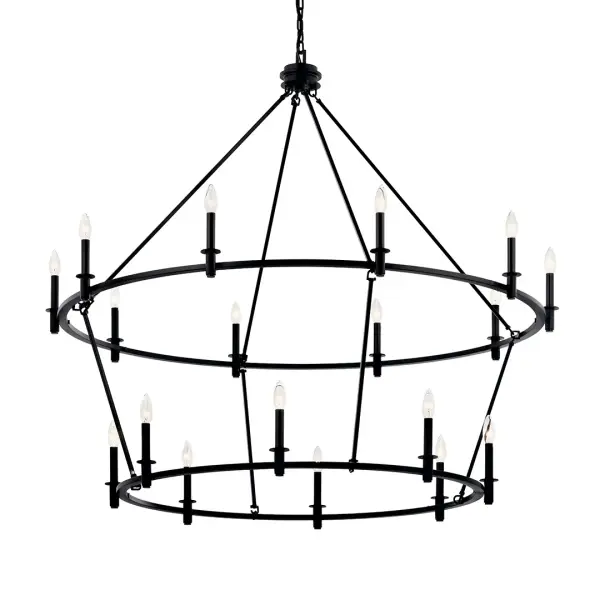 The Carrick 54" chandelier commands attention with its impressive scale and 18-light configuration across multiple tiers. Perfect for grand foyers, great rooms, or commercial spaces requiring dramatic impact and ample illumination.