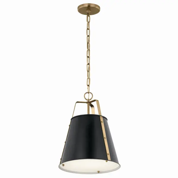 The Etcher pendant combines traditional elegance with industrial details through its tapered silhouette, custom square chain, and riveted accents. The etched glass diffuser provides glare-free illumination while the black steel finish adds contemporary sophistication.