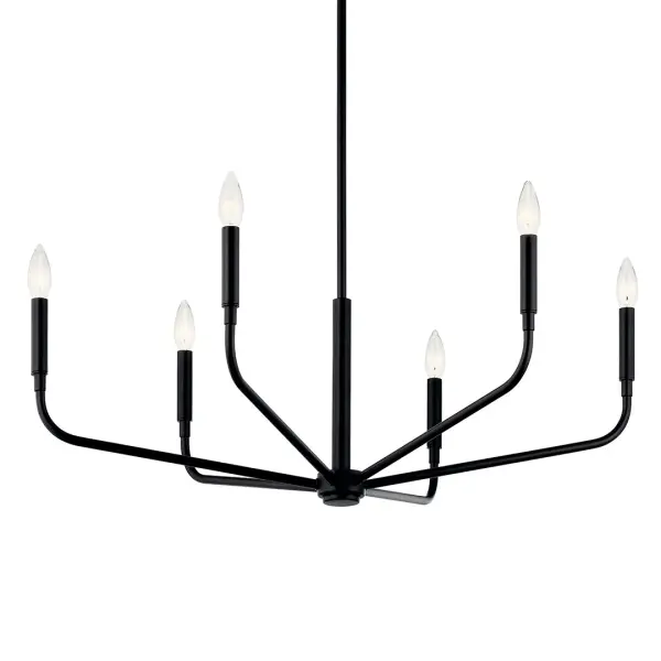 The Madden chandelier combines transitional styling with a commanding 32-inch diameter, making it perfect for dining rooms and entryways. Its 6-light configuration provides ample illumination while the black finish adds modern sophistication.