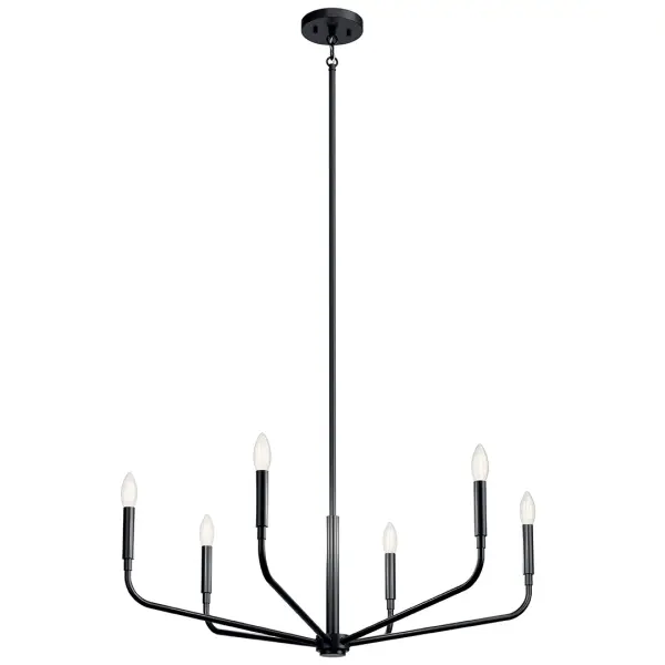 The Madden chandelier combines transitional styling with a commanding 32-inch diameter, making it perfect for dining rooms and entryways. Its 6-light configuration provides ample illumination while the black finish adds modern sophistication. - alternate view