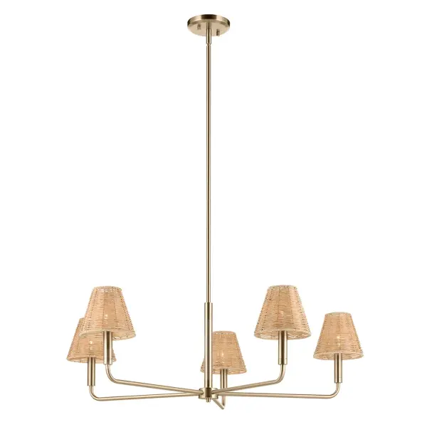 The Bekah Chandelier brings coastal-inspired elegance with its handcrafted rattan cone shade and champagne bronze finish. At 38 inches wide, this 5-light fixture makes a bold statement while maintaining organic warmth perfect for modern interiors. - alternate view