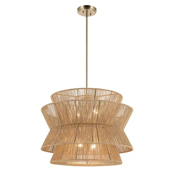 The Ophira pendant brings organic warmth with its handcrafted jute hourglass shade and refined Champagne Bronze hardware. At 28 inches wide, this 4-light fixture makes a bold statement while maintaining an airy, coastal-inspired aesthetic. - alternate view
