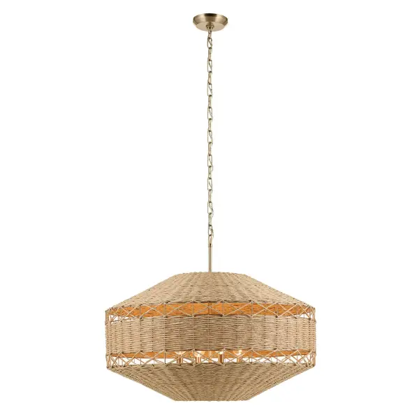 The Lulo pendant brings organic warmth through its Japanese-inspired woven cord design. The champagne bronze finish and open weave pattern create ambient lighting with visual interest, perfect for casual dining spaces.