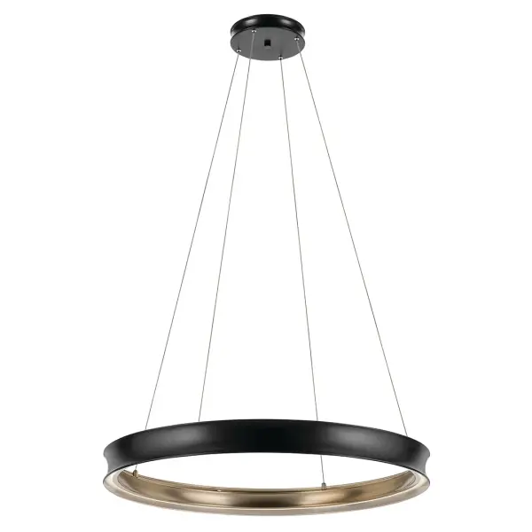 The Larousse chandelier makes a bold statement with its impressive 39.5-inch diameter and ultra-slim 3.75-inch profile. Featuring integrated LED technology and a sophisticated black finish with champagne bronze accents. - alternate view