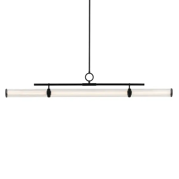 The Riven Linear Chandelier combines contemporary styling with sophisticated fluted glass cylinders, creating a striking focal point over dining tables and kitchen islands. Its 60-inch length and integrated LED technology deliver both visual impact and energy efficiency.