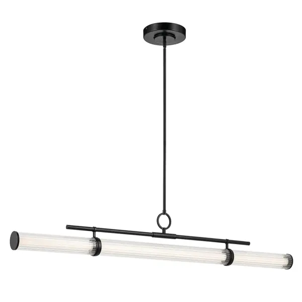 The Riven Linear Chandelier combines contemporary styling with sophisticated fluted glass cylinders, creating a striking focal point over dining tables and kitchen islands. Its 60-inch length and integrated LED technology deliver both visual impact and energy efficiency. - alternate view