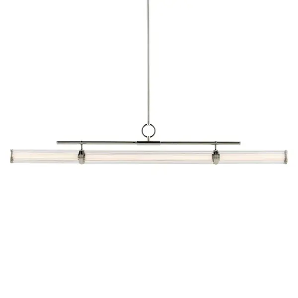 The Riven Linear Chandelier combines contemporary sophistication with timeless appeal. Its 60-inch length and polished nickel finish create a striking focal point, while clear fluted glass cylinders add refined texture and visual interest.